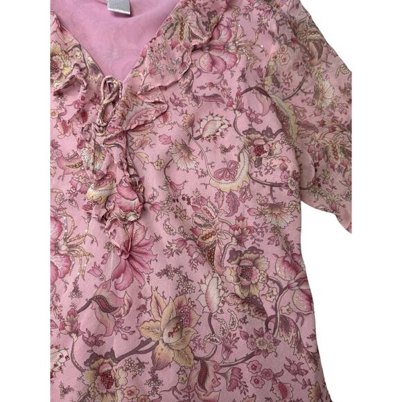 Y2K Silk Pink Floral Ruffled Blouse Size XL beaded Babydoll Fairy cottage LS - Picture 2 of 7